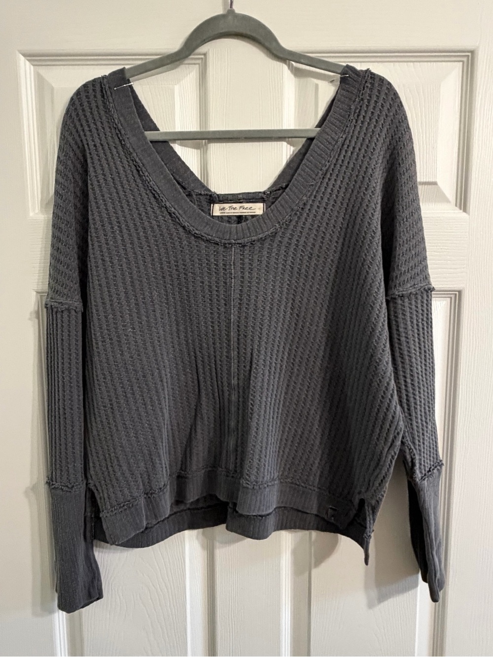 Free People Charcoal Gray Waffle-Knit Scoop-Neck Sweater